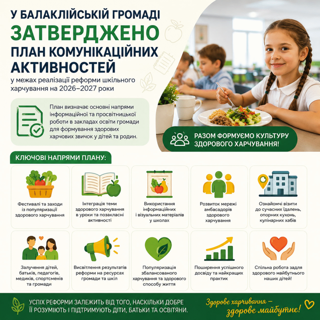 У Балаклійській громаді затверджено План комунікаційних активностей у межах реалізації реформи шкільного харчування на 2026–2027 роки